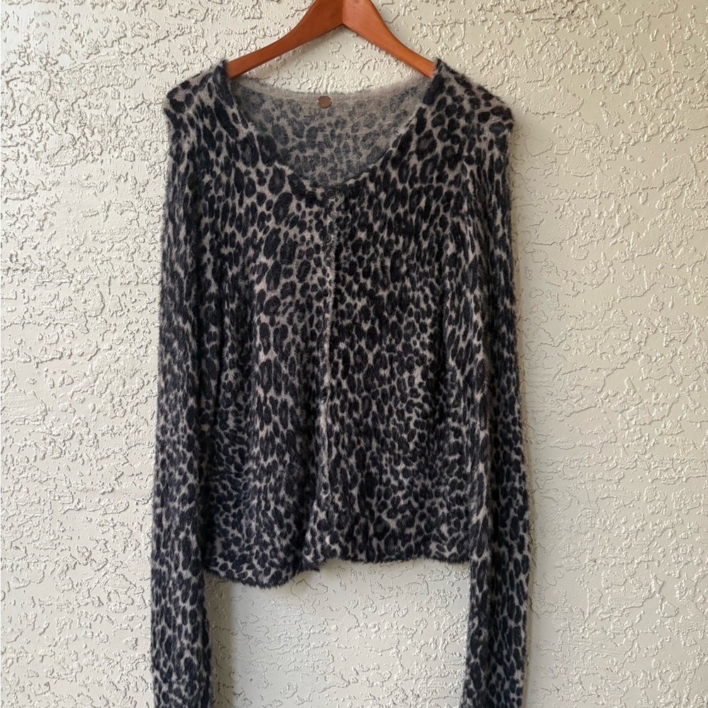 FP One Free People Fuzzy Leopard Cardigan Sweater Long Bell Sleeves L